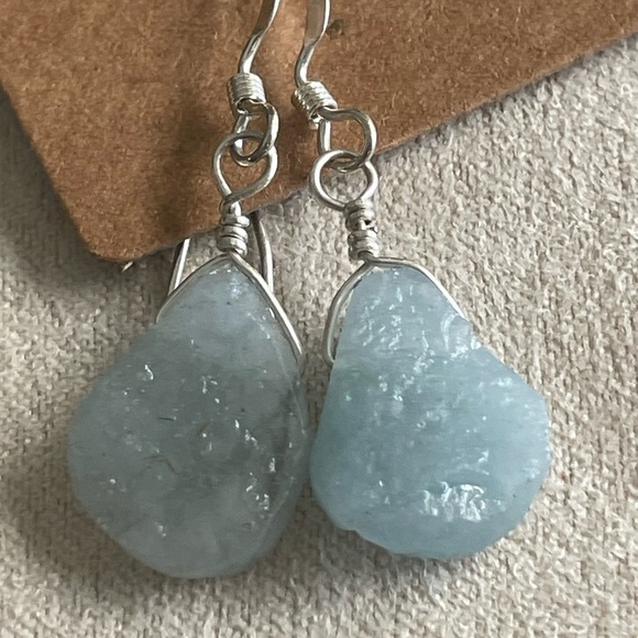 Natural Aquamarine Earrings Sterling Silver Wire Wrapped Raw Gemstones –Handmade - Picture 6 of 10